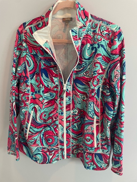 Talbots Tops - Talbots Teal and Pink Printed Zip Front Jacket